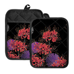 Red Japanese Amaryllis Pattern Print Pot Holders With Pocket