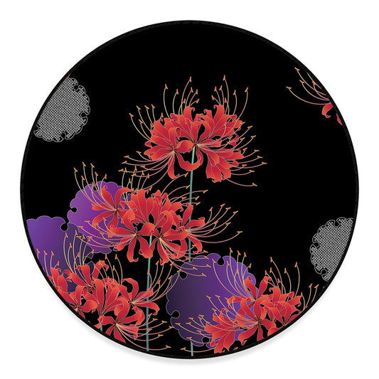 Red Japanese Amaryllis Pattern Print Round Floor Mat