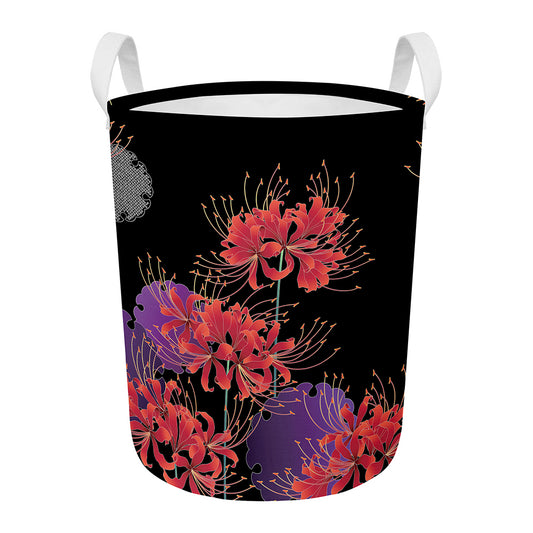Red Japanese Amaryllis Pattern Print Round Laundry Basket