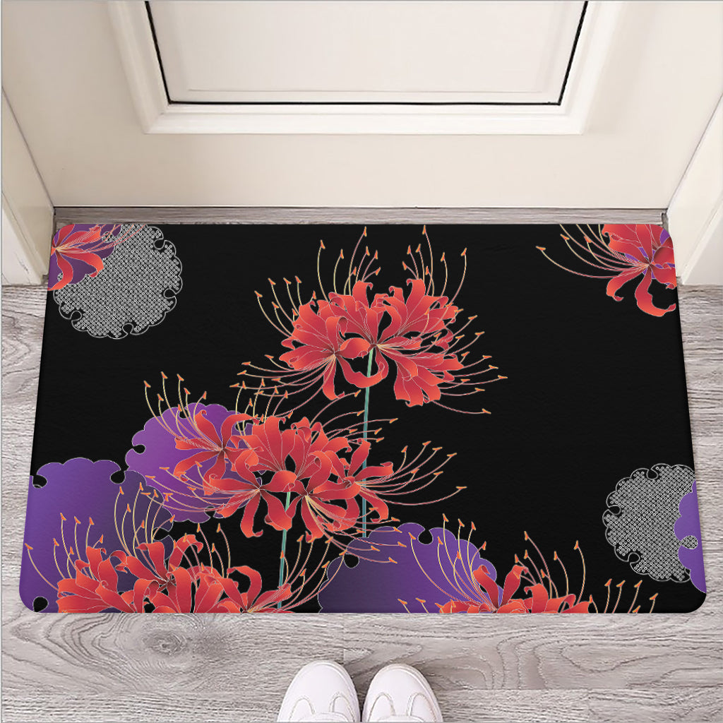 Red Japanese Amaryllis Pattern Print Rubber Doormat