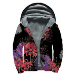 Red Japanese Amaryllis Pattern Print Sherpa Lined Zip Up Hoodie