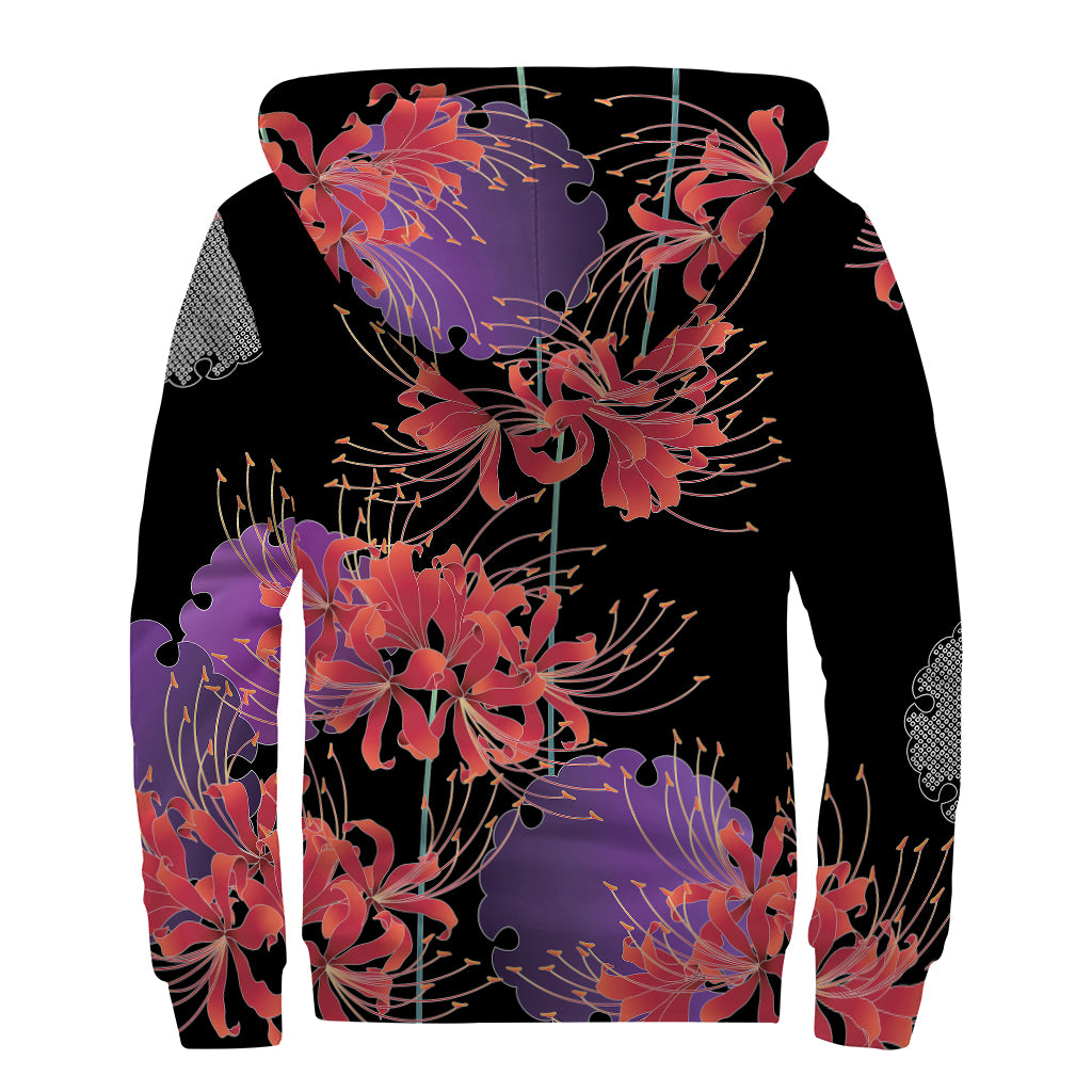 Red Japanese Amaryllis Pattern Print Sherpa Lined Zip Up Hoodie