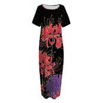 Red Japanese Amaryllis Pattern Print Short Sleeve Long Nightdress