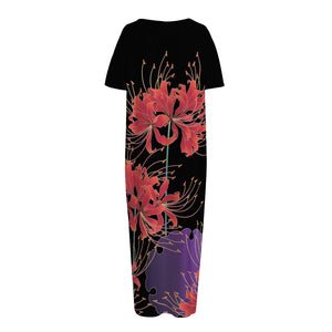 Red Japanese Amaryllis Pattern Print Short Sleeve Long Nightdress