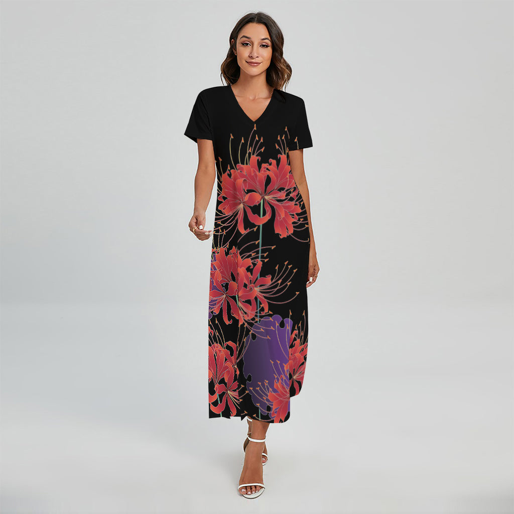 Red Japanese Amaryllis Pattern Print Short Sleeve Maxi Dress