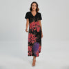 Red Japanese Amaryllis Pattern Print Short Sleeve Maxi Dress