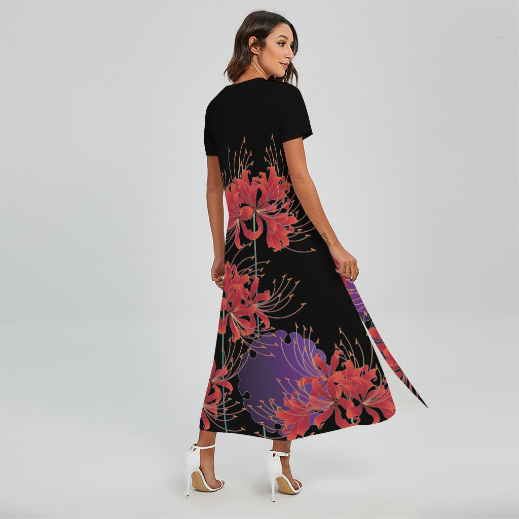 Red Japanese Amaryllis Pattern Print Short Sleeve Maxi Dress Red Japanese Amaryllis Pattern Print Short Sleeve Maxi Dress