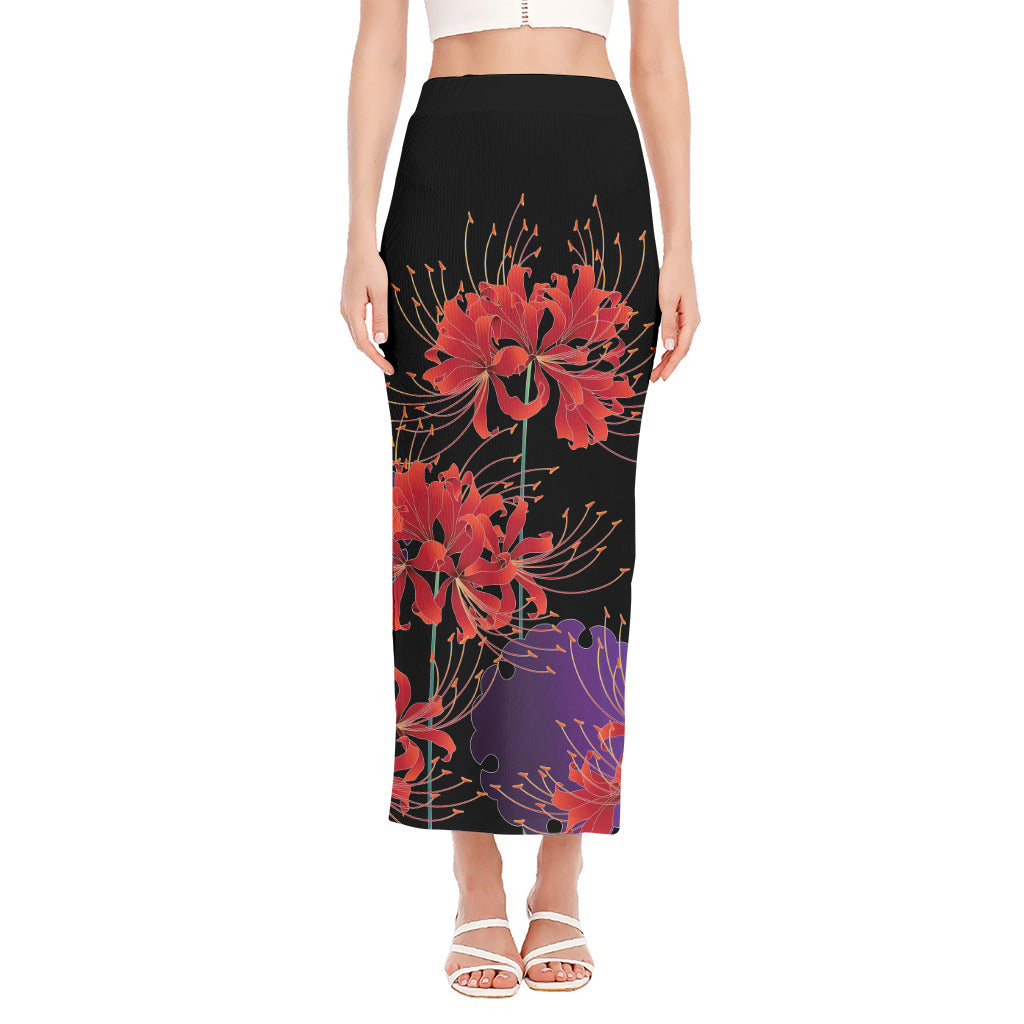 Red Japanese Amaryllis Pattern Print Side Slit Maxi Skirt