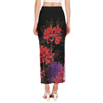 Red Japanese Amaryllis Pattern Print Side Slit Maxi Skirt