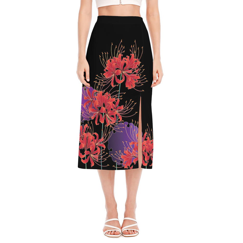 Red Japanese Amaryllis Pattern Print Side Slit Midi Skirt