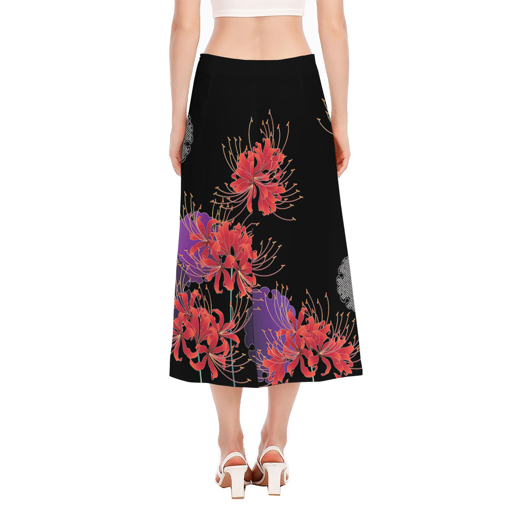 Red Japanese Amaryllis Pattern Print Side Slit Midi Skirt