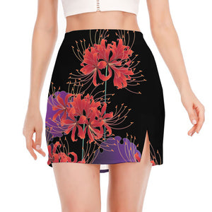 Red Japanese Amaryllis Pattern Print Side Slit Mini Skirt