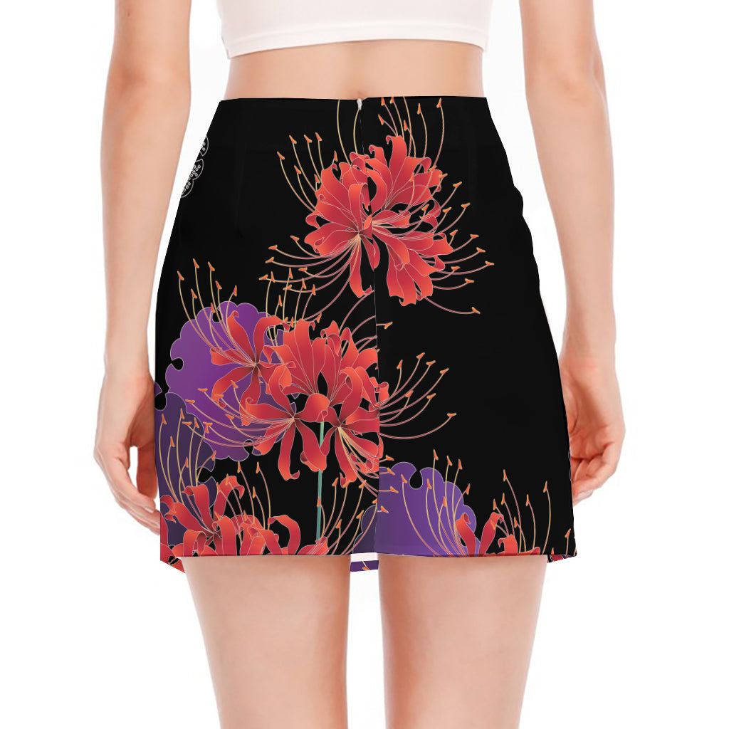 Red Japanese Amaryllis Pattern Print Side Slit Mini Skirt