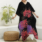 Red Japanese Amaryllis Pattern Print Silk V-Neck Kaftan Dress