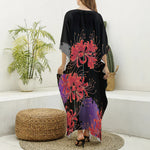 Red Japanese Amaryllis Pattern Print Silk V-Neck Kaftan Dress