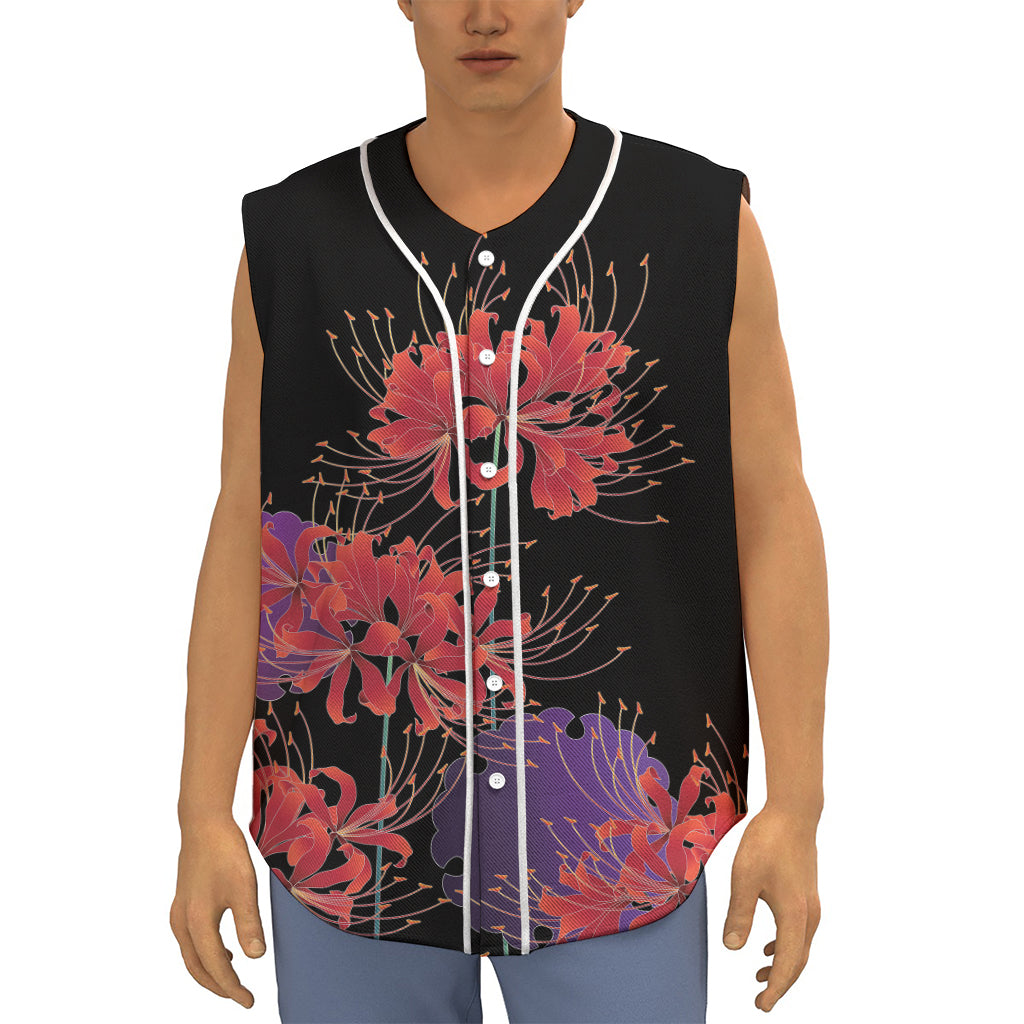 Red Japanese Amaryllis Pattern Print Sleeveless Baseball Jersey