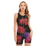 Red Japanese Amaryllis Pattern Print Sleeveless One Piece Swimsuit