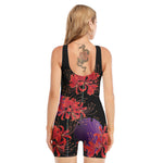 Red Japanese Amaryllis Pattern Print Sleeveless One Piece Swimsuit