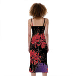 Red Japanese Amaryllis Pattern Print Slim Fit Midi Cami Dress