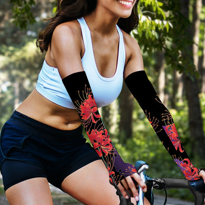 Red Japanese Amaryllis Pattern Print Sun Protection Arm Sleeves