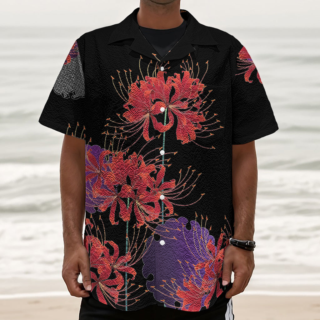 Red Japanese Amaryllis Pattern Print Textured Short Sleeve Shirt