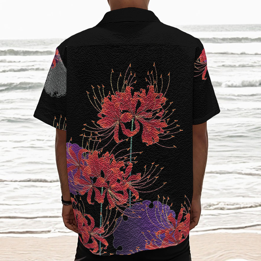 Red Japanese Amaryllis Pattern Print Textured Short Sleeve Shirt