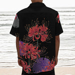 Red Japanese Amaryllis Pattern Print Textured Short Sleeve Shirt