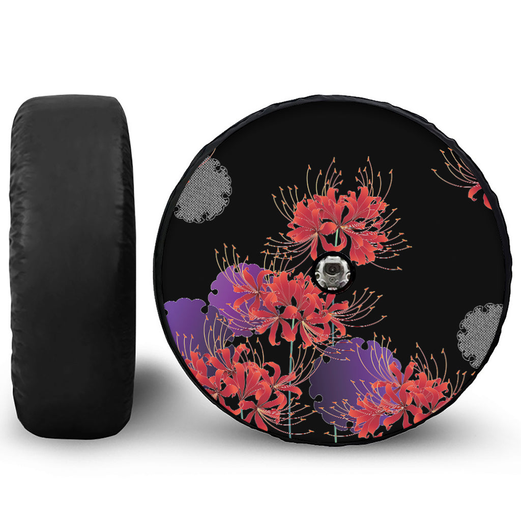Red Japanese Amaryllis Pattern Print Tire Cover With Camera Hole