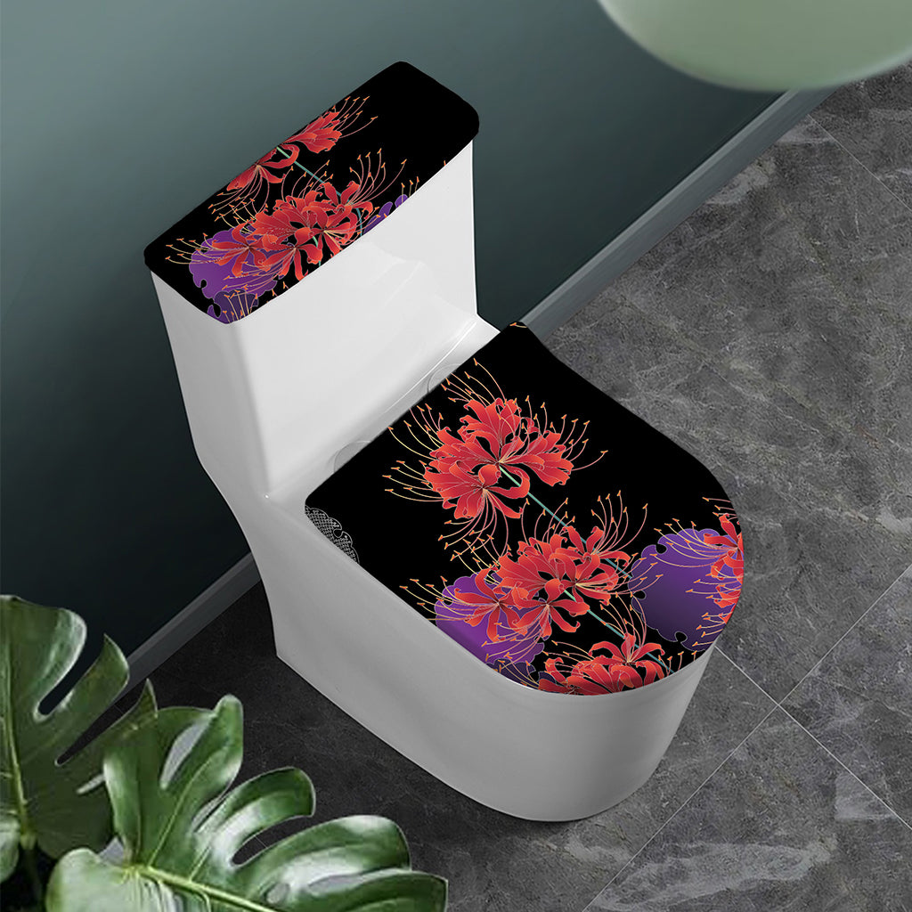 Red Japanese Amaryllis Pattern Print Toilet Lid And Tank Cover Set