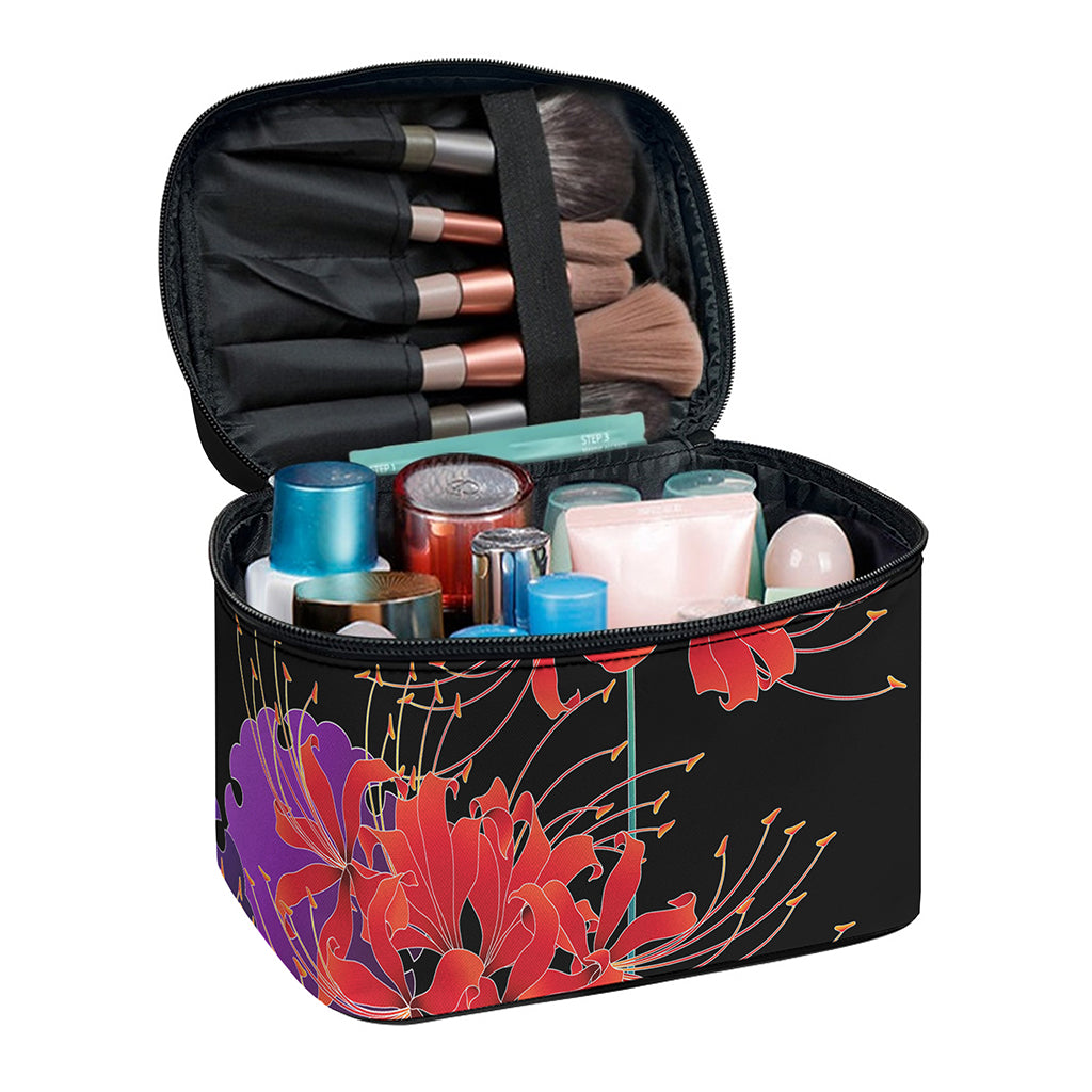 Red Japanese Amaryllis Pattern Print Travel Makeup Bag
