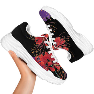 Red Japanese Amaryllis Pattern Print White Chunky Shoes