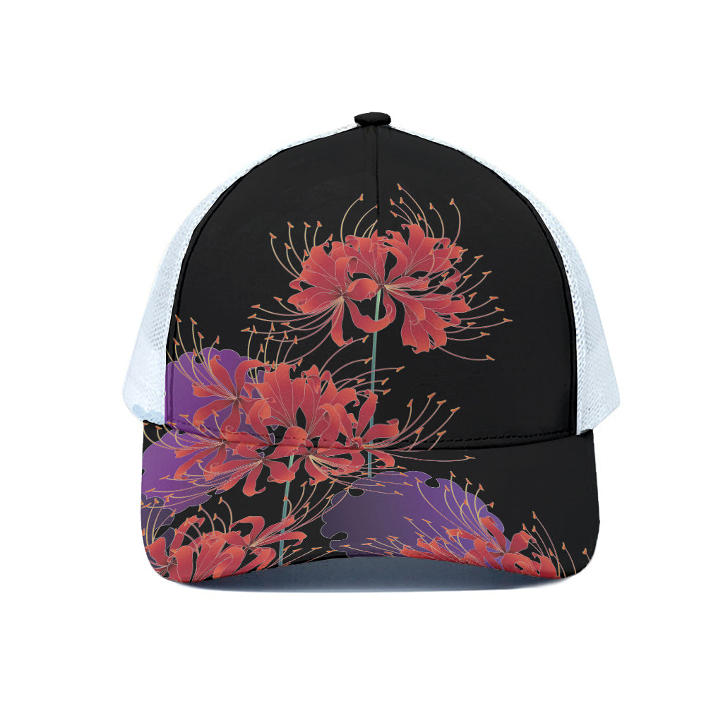 Red Japanese Amaryllis Pattern Print White Mesh Trucker Cap