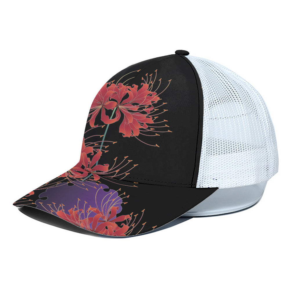 Red Japanese Amaryllis Pattern Print White Mesh Trucker Cap