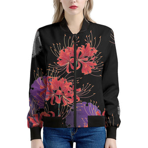 Red Japanese Amaryllis Pattern Print Women's Bomber Jacket