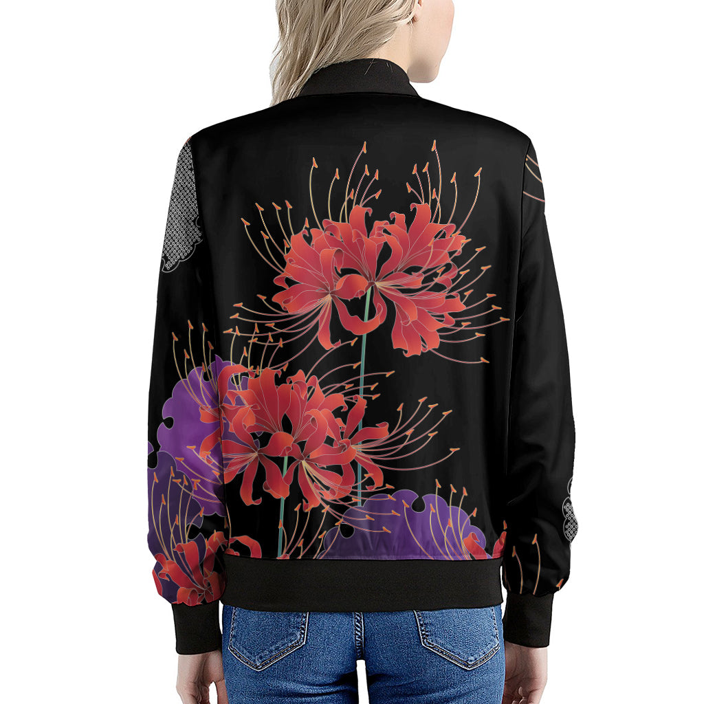 Red Japanese Amaryllis Pattern Print Women's Bomber Jacket