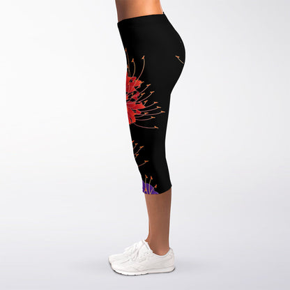 Red Japanese Amaryllis Pattern Print Women's Capri Leggings