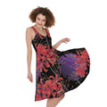Red Japanese Amaryllis Pattern Print Sleeveless Knee Length Dress
