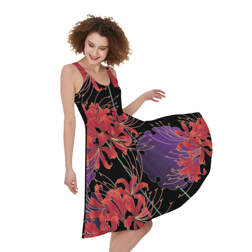 Red Japanese Amaryllis Pattern Print Women's Sleeveless Dress