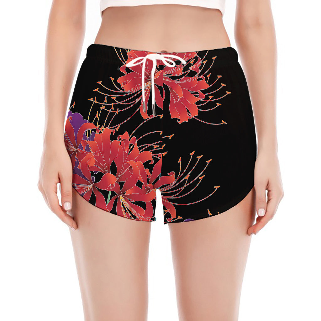 Red Japanese Amaryllis Pattern Print Women's Split Running Shorts