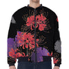 Red Japanese Amaryllis Pattern Print Zip Sleeve Bomber Jacket