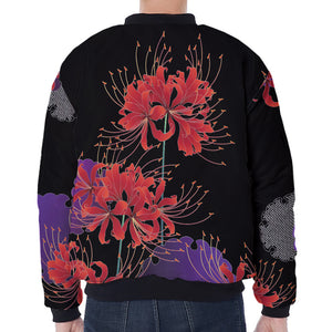 Red Japanese Amaryllis Pattern Print Zip Sleeve Bomber Jacket