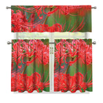 Red Japanese Amaryllis Print 3 Piece Kitchen Curtains