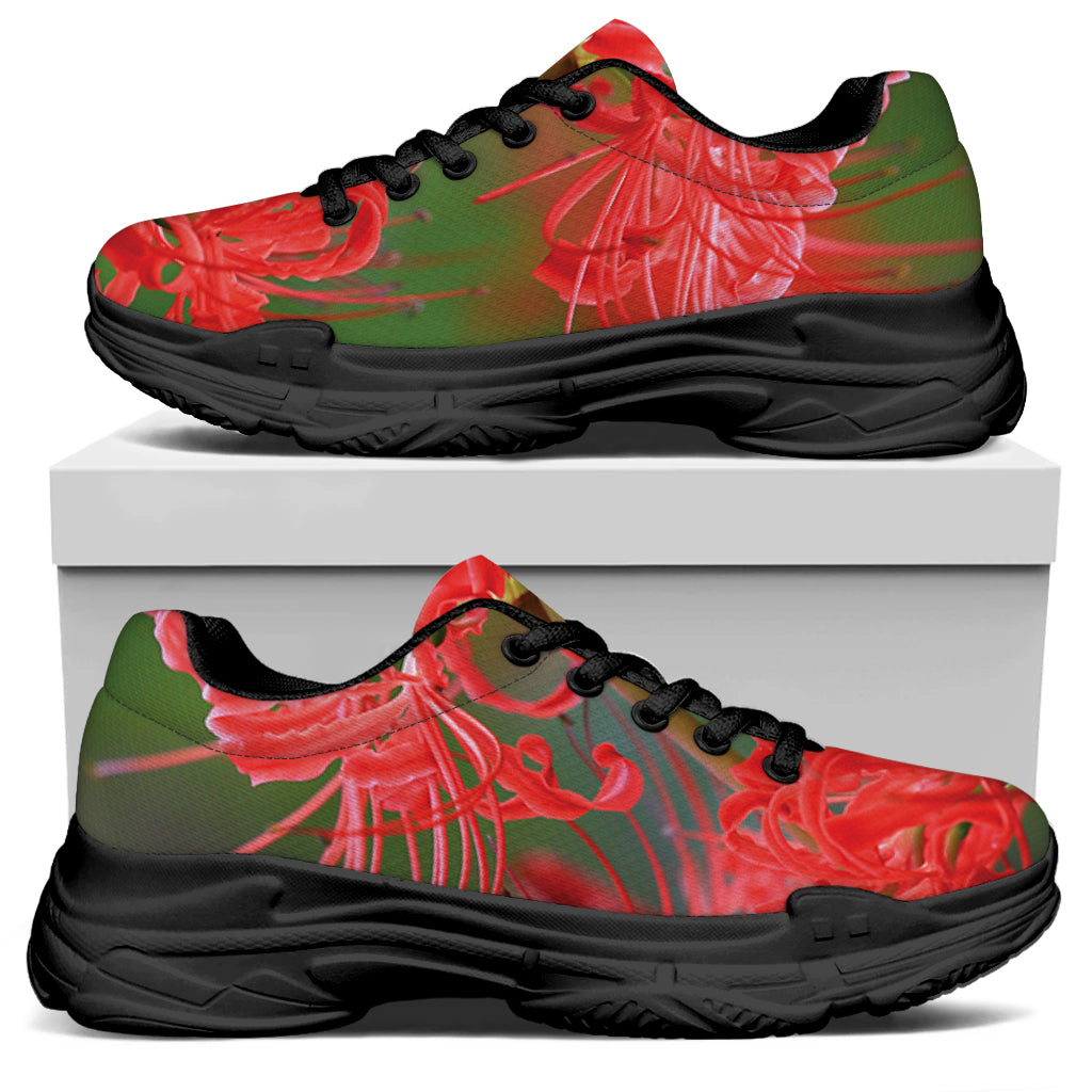 Red Japanese Amaryllis Print Black Chunky Shoes