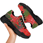 Red Japanese Amaryllis Print Black Chunky Shoes