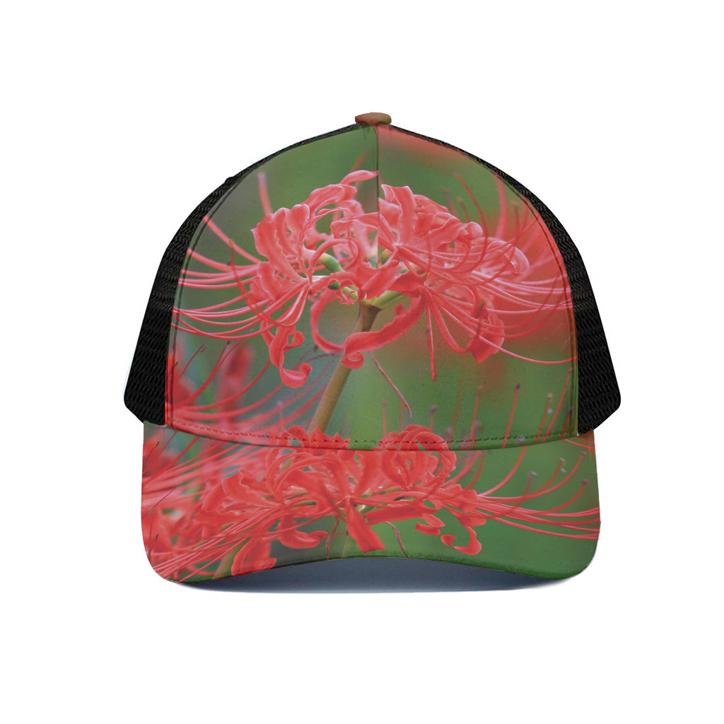 Red Japanese Amaryllis Print Black Mesh Trucker Cap