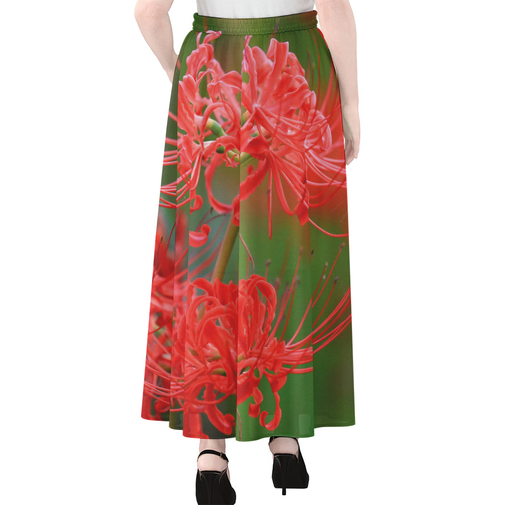 Red Japanese Amaryllis Print Chiffon Maxi Skirt