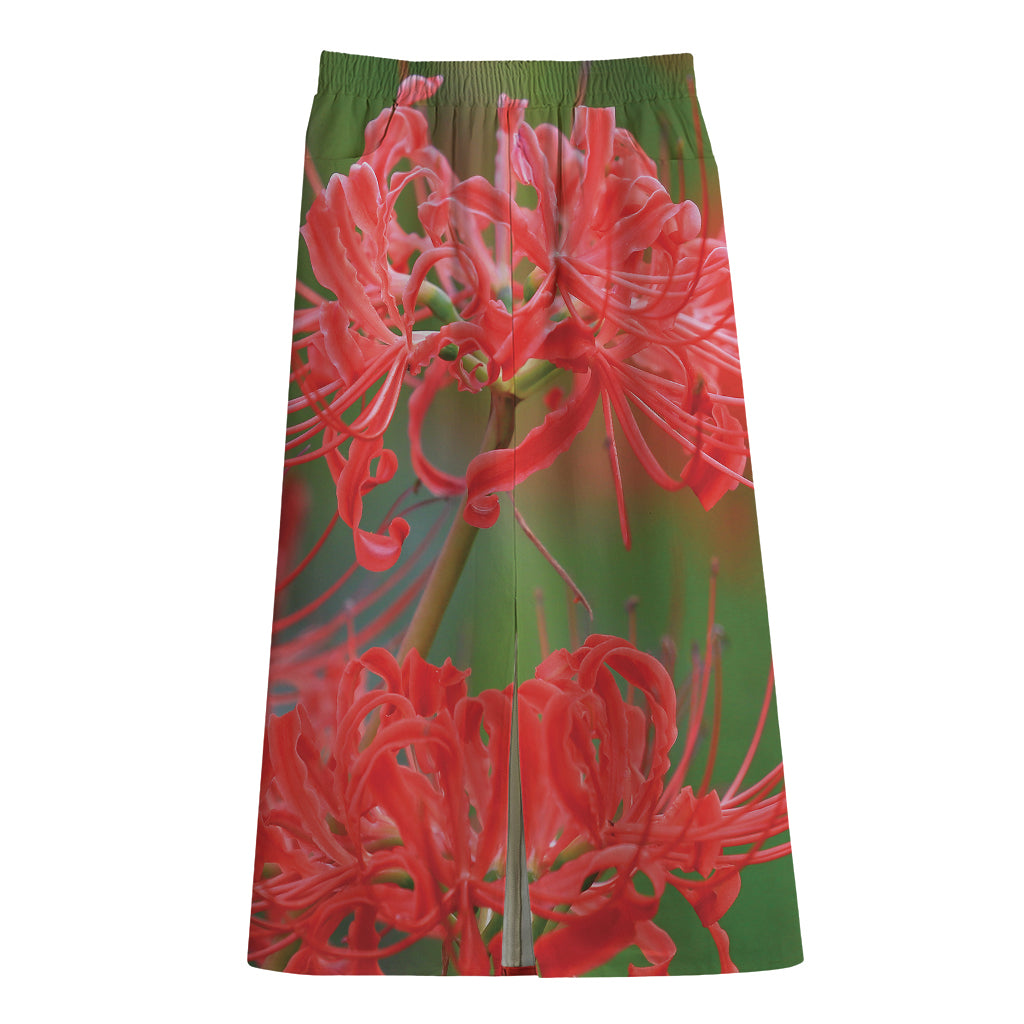 Red Japanese Amaryllis Print Cotton Front Slit Maxi Skirt