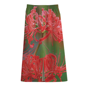 Red Japanese Amaryllis Print Cotton Front Slit Maxi Skirt