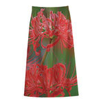 Red Japanese Amaryllis Print Cotton Front Slit Maxi Skirt