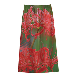 Red Japanese Amaryllis Print Cotton Front Slit Maxi Skirt